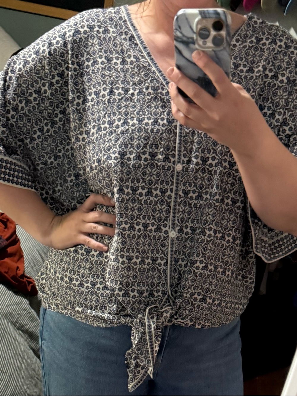 Boho Tie-Front Printed Blouse in Navy and White
